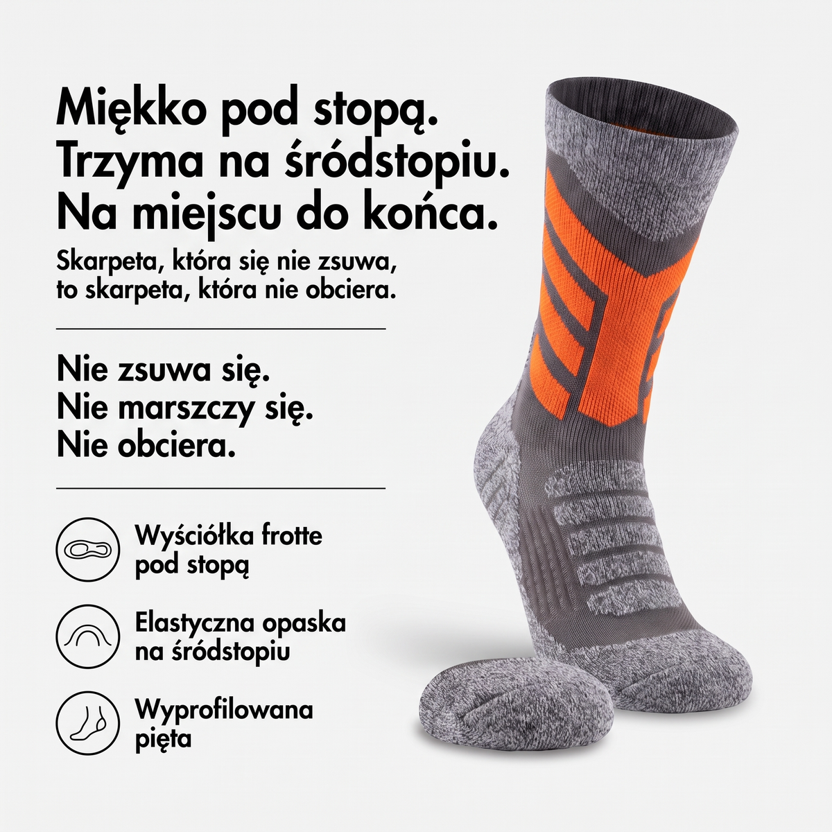 Skarpety trekkingowe: wyściółka frotte, opaska na śródstopiu, wyprofilowana pięta