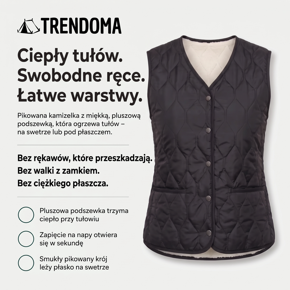 Kamizelka damska ocieplana z barankiem – zapięcie na napy i pikowany krój
