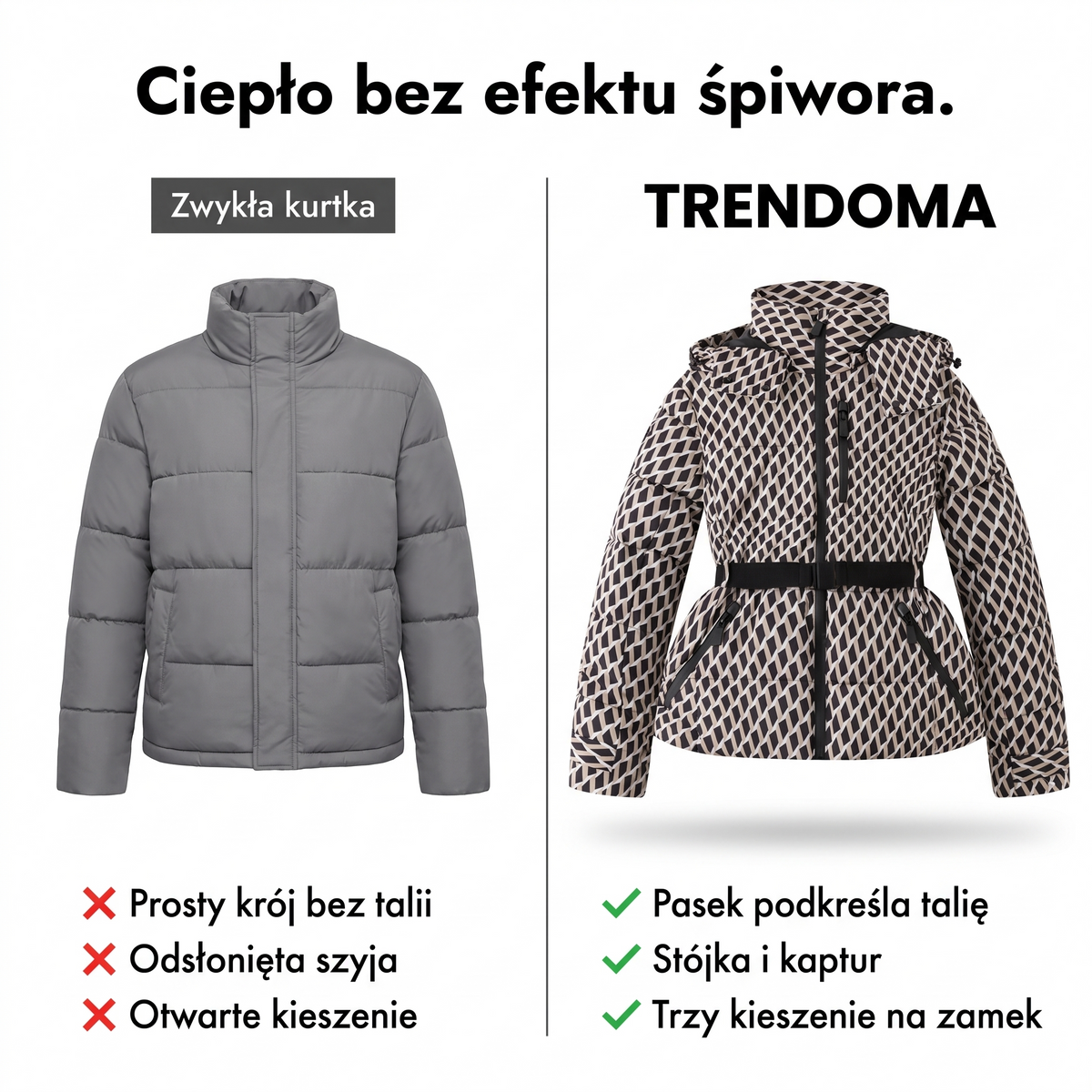 Kurtka zimowa damska pikowana z kapturem i paskiem w talii