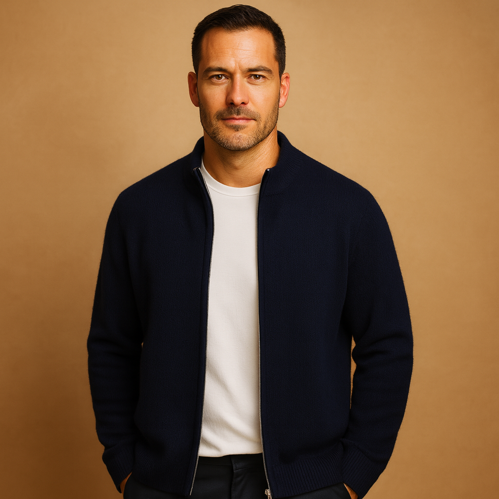 Sweter rozpinany męski z zamkiem i prążkowanym kołnierzem