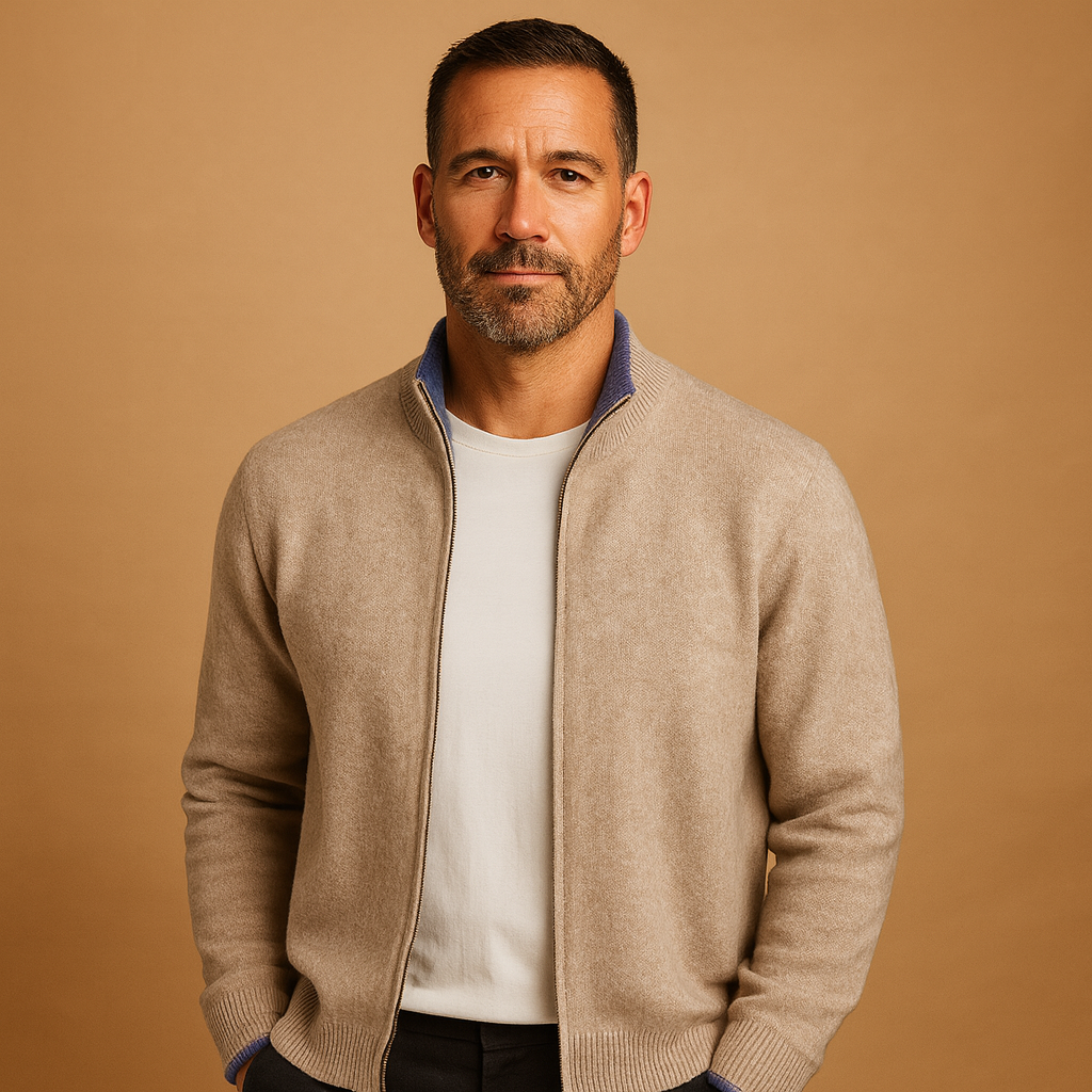 Sweter rozpinany męski z zamkiem i prążkowanym kołnierzem