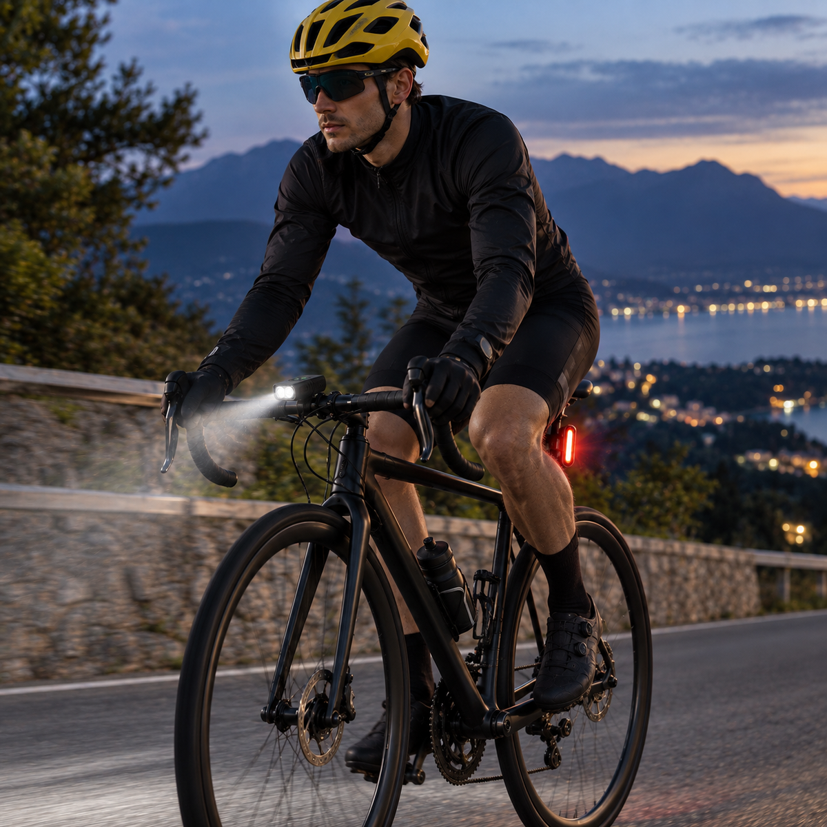 Cyclist riding at dusk with front and rear lights on