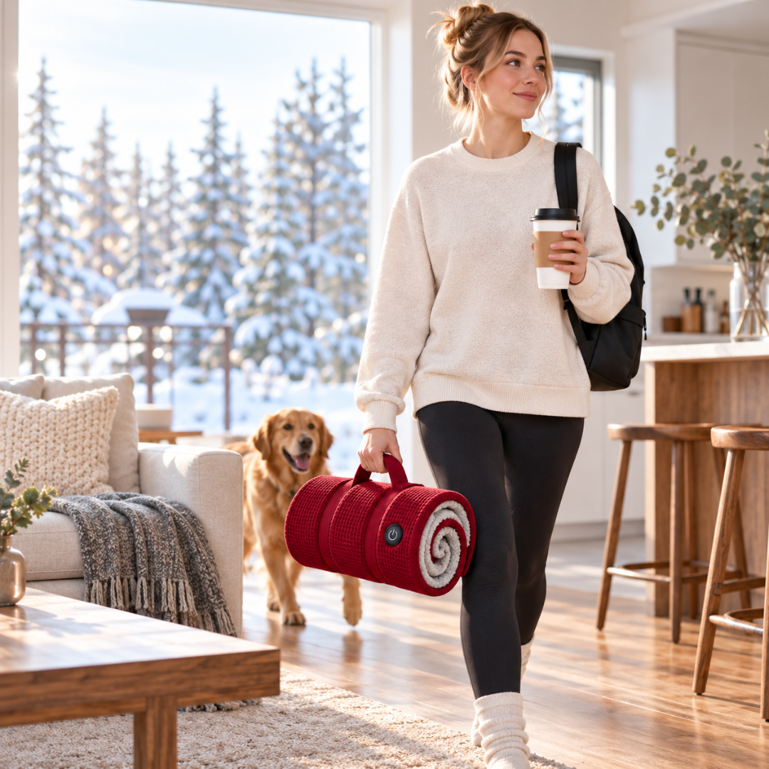 Woman carrying the rolled up heated blanket at home