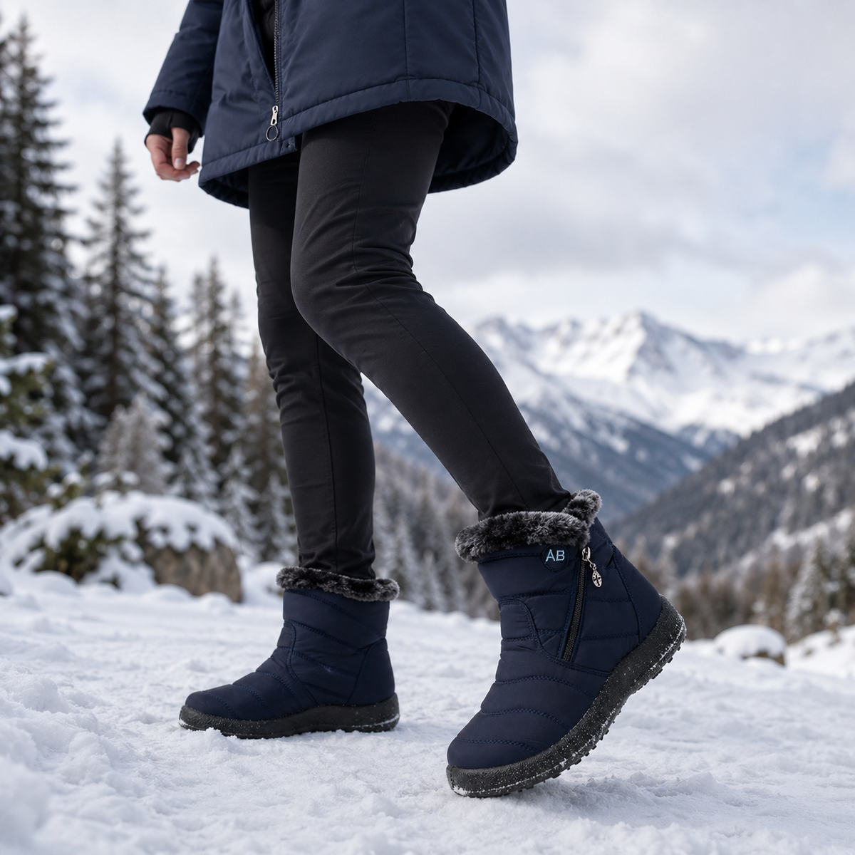 Waterproof ankle winter boots on a snowy walk