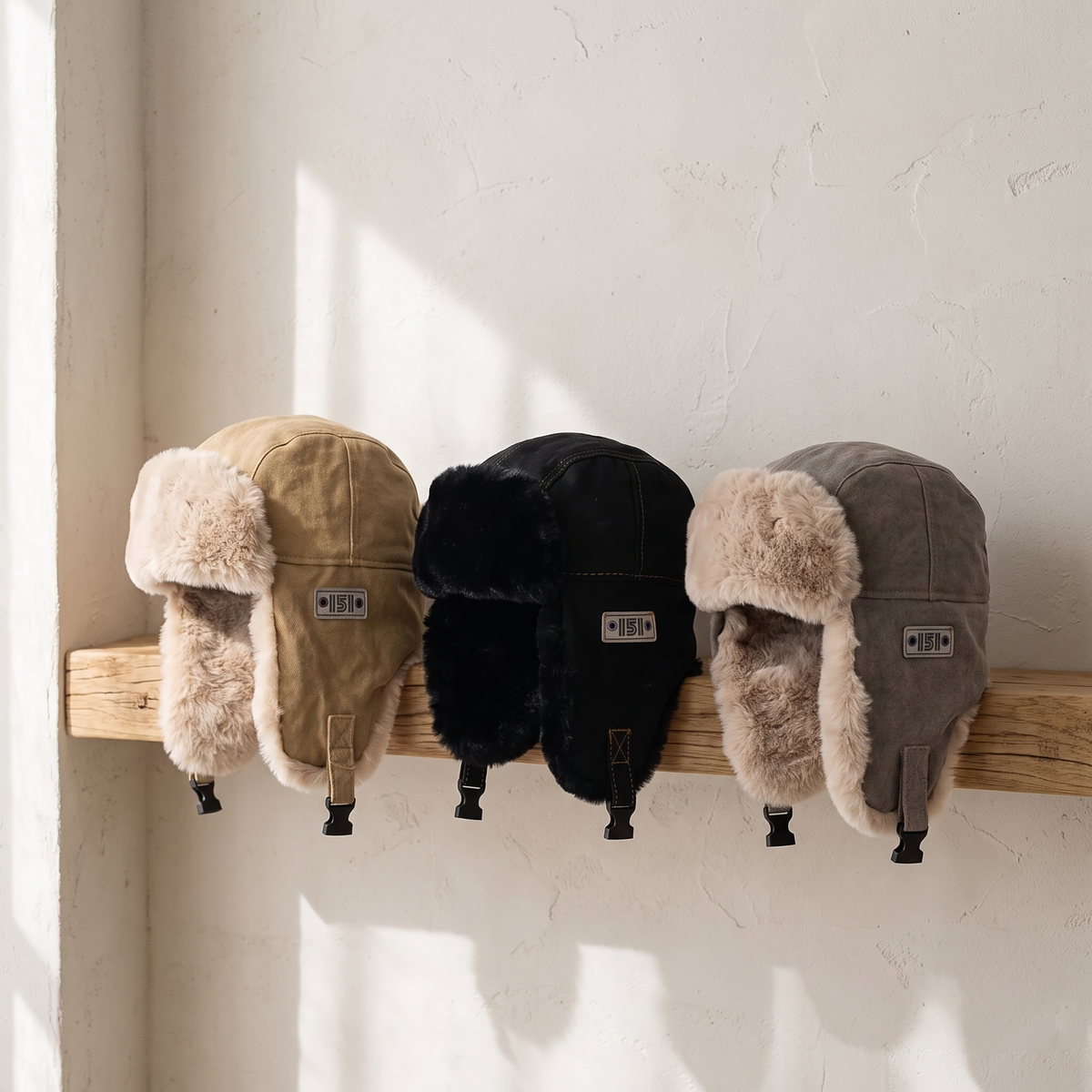 Czapka uszatka w trzech kolorach - khaki, czarny i szary