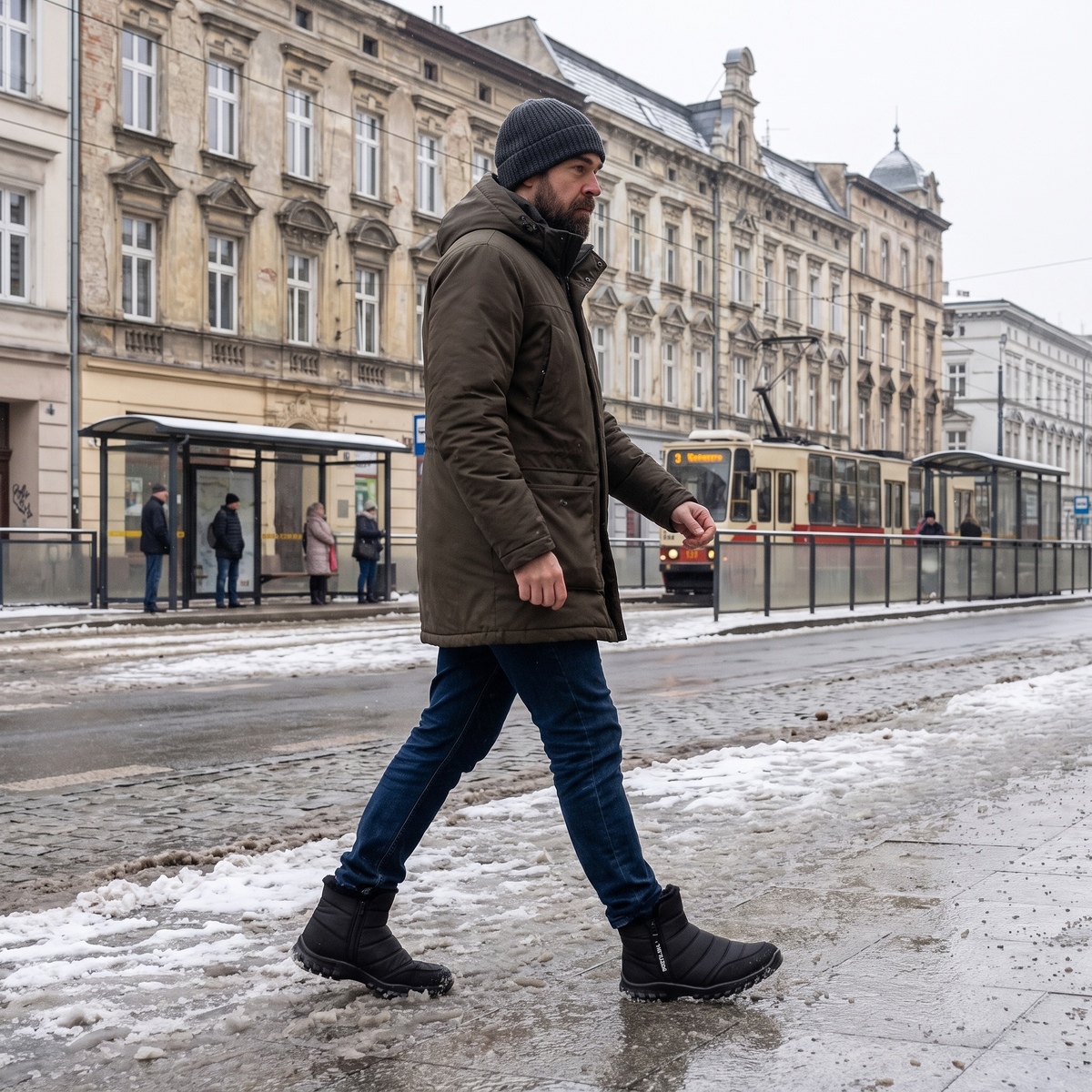 Mężczyzna w zimowych butach na zamek na zaśnieżonym chodniku