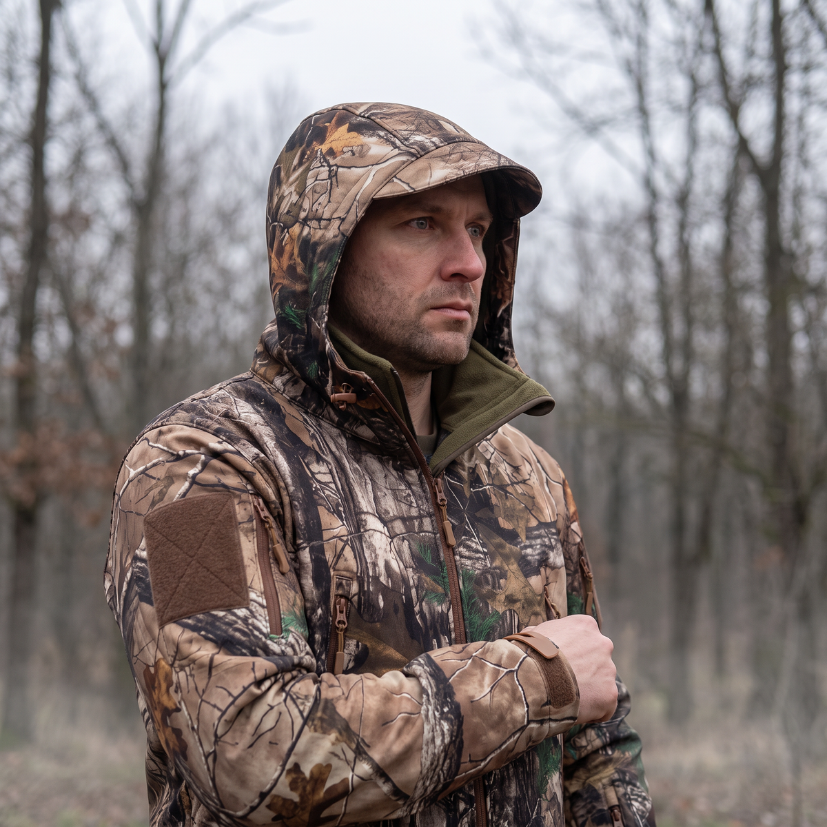 Kurtka softshell męska myśliwska moro – kamuflaż liściasty - polar - 6 kieszeni