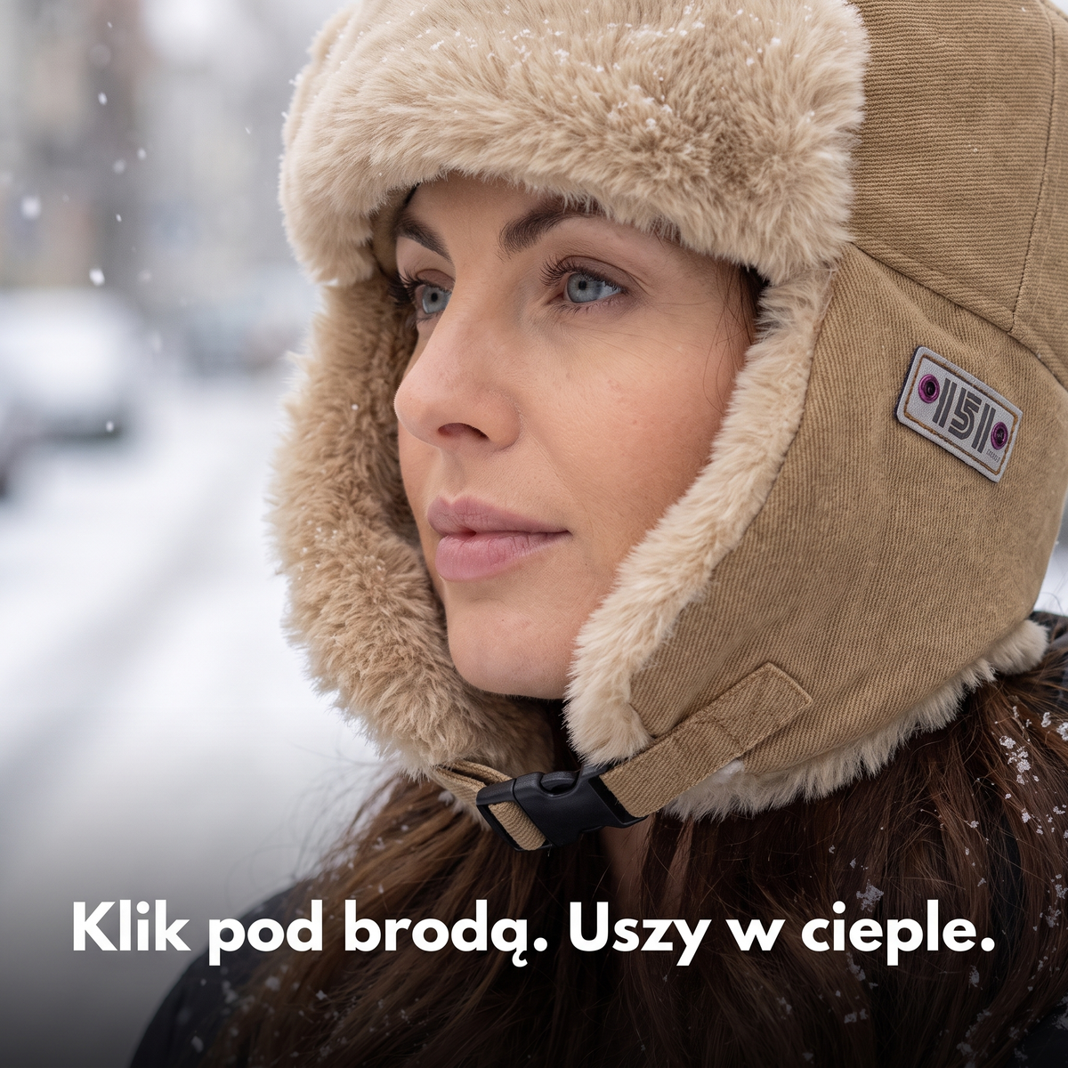 Pasek z klamrą zapięty pod brodą - czapka uszatka khaki