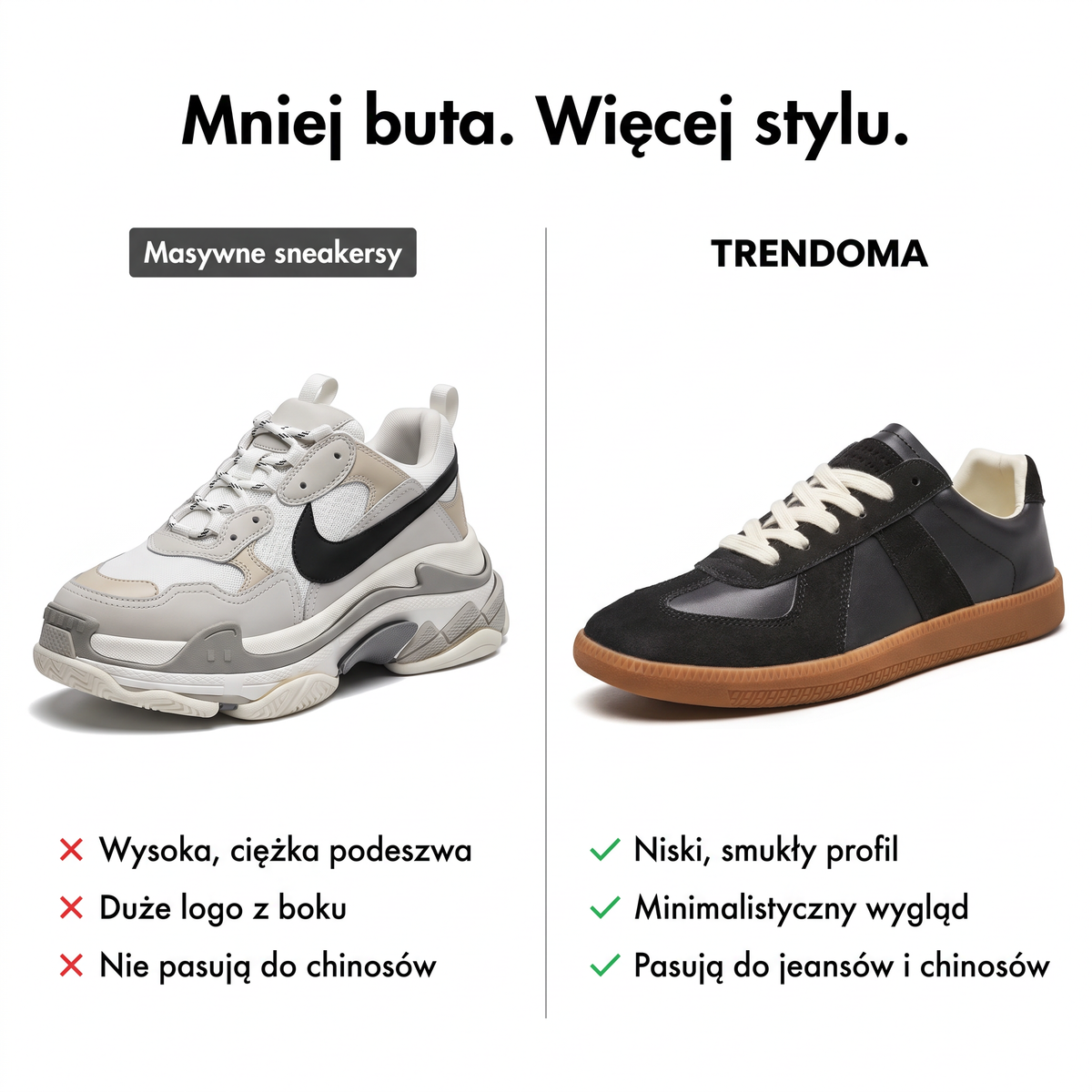 Niskie sneakersy retro Trendoma w porównaniu z masywnymi sneakersami