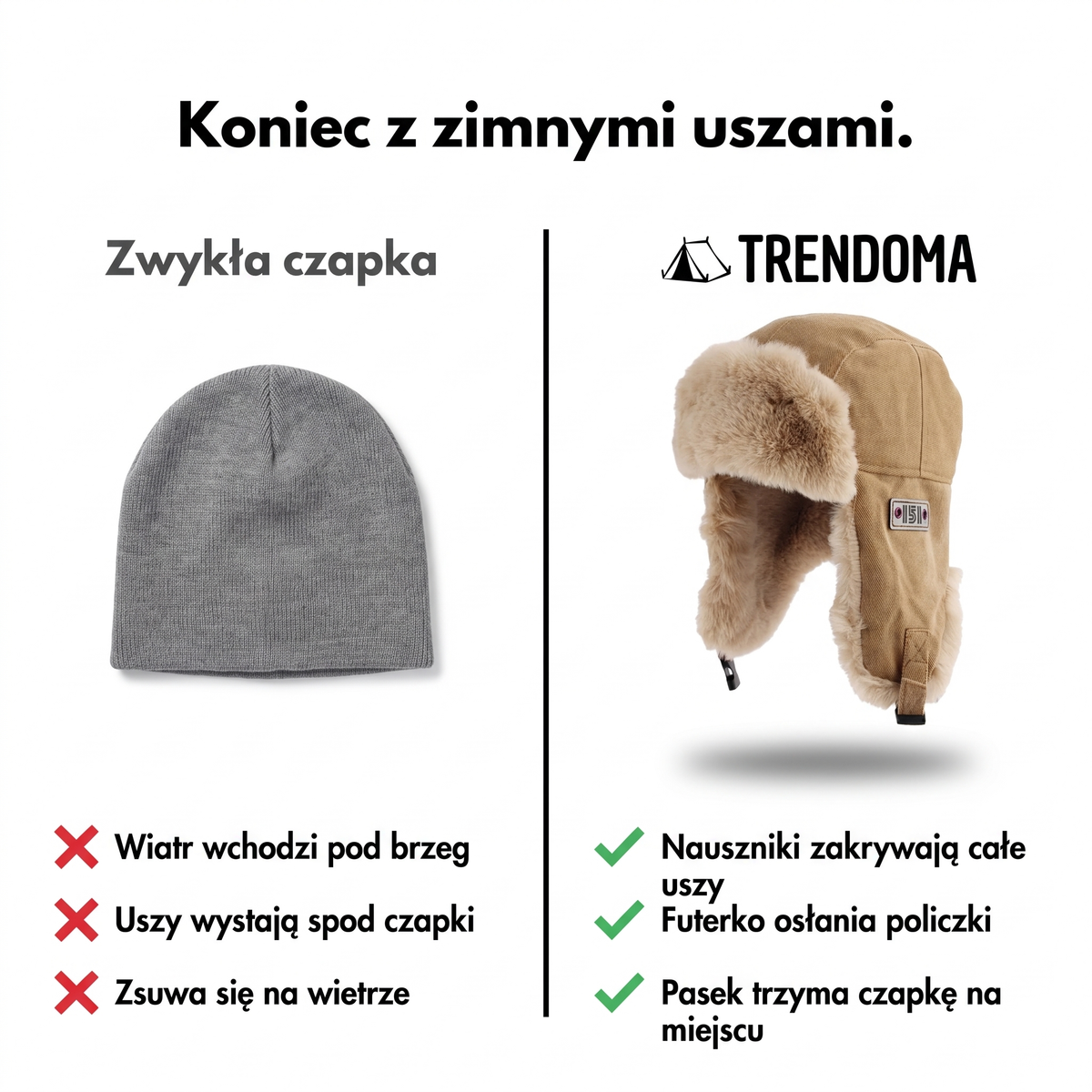 Porównanie zwykłej czapki i czapki uszatki Trendoma