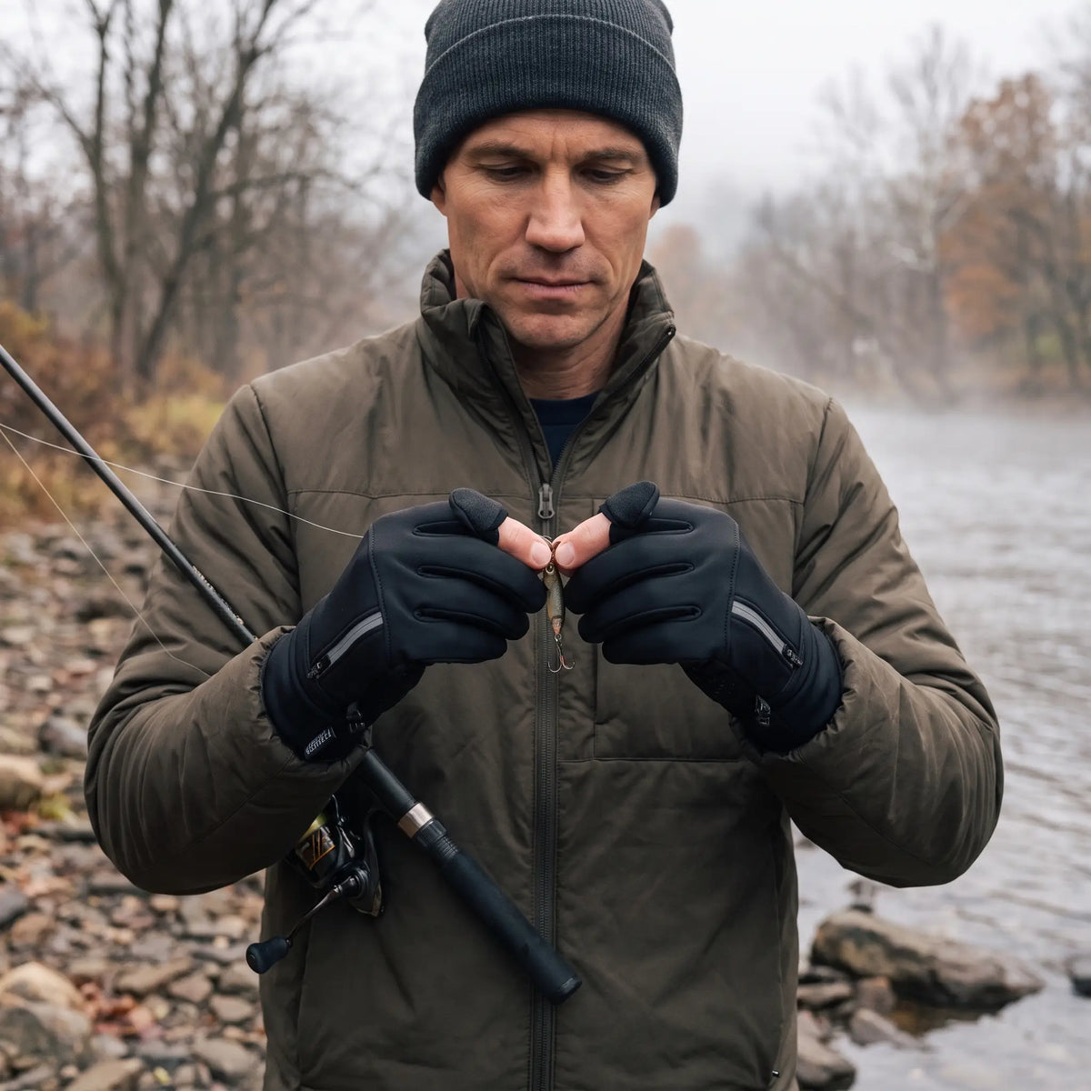 Rękawiczki zimowe – wędkarskie - odchylane opuszki - softshell z polarem