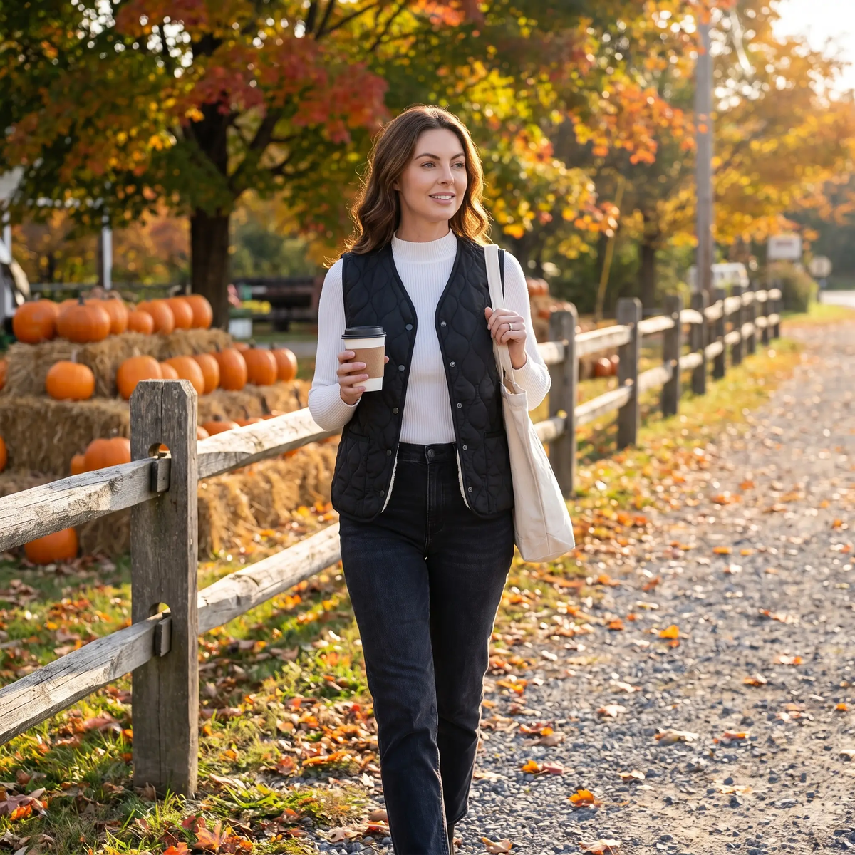 Woman in a quilted puffer vest at a Vermont farm stand in fall
