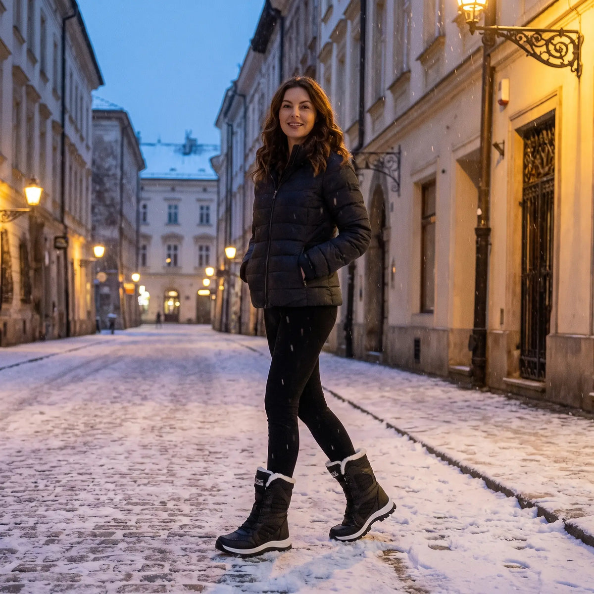 Ocieplane buty zimowe damskie na zaśnieżonej ulicy w Krakowie