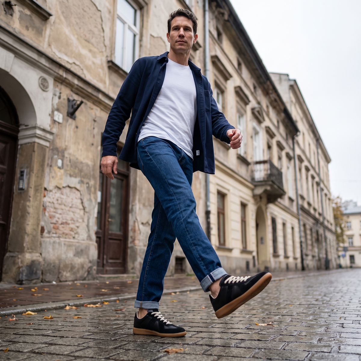 Mężczyzna w czarnych sneakersach retro i jeansach na ulicy w Krakowie