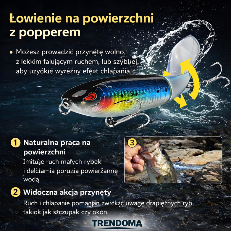 Wobler powierzchniowy popper z obrotowym ogonem – do łowienia na powierzchni