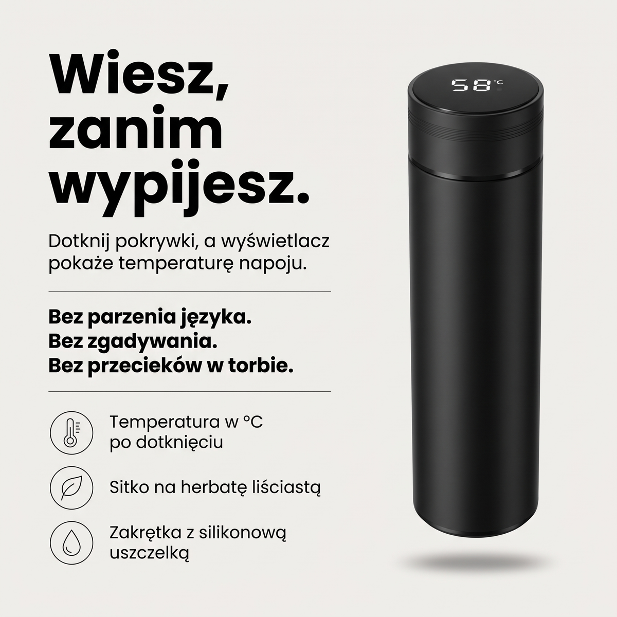 Kubek termiczny z wyświetlaczem temperatury i sitkiem - zalety