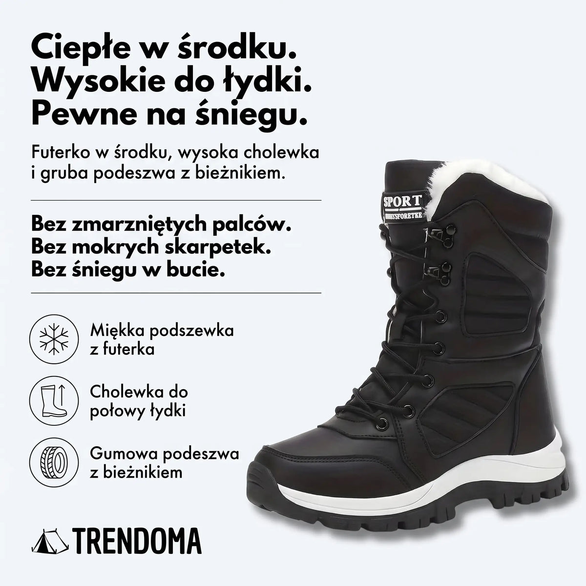 Śniegowce damskie - ciepłe w środku wysokie do łydki pewne na śniegu