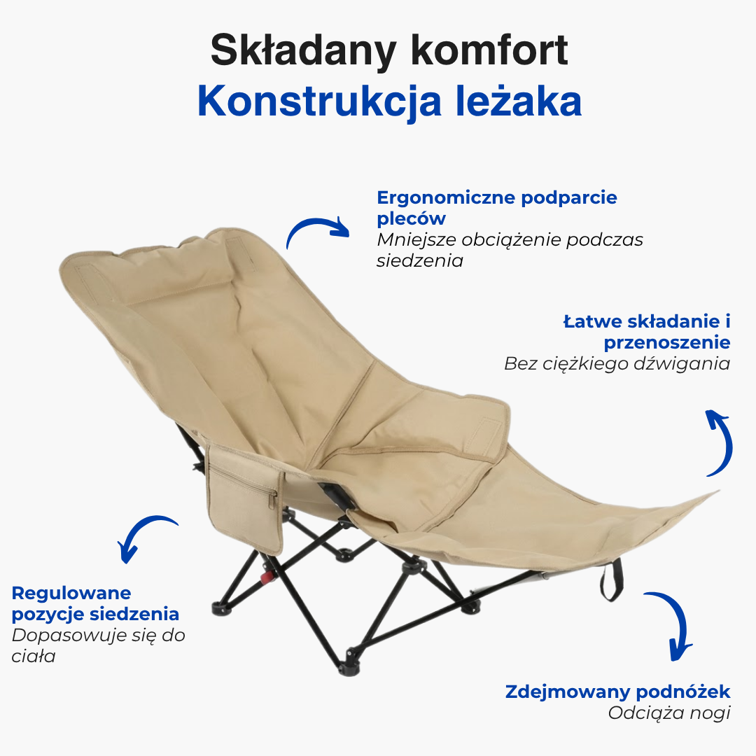 Składany fotel wędkarski z podnóżkiem – regulowane oparcie – plaża i camping