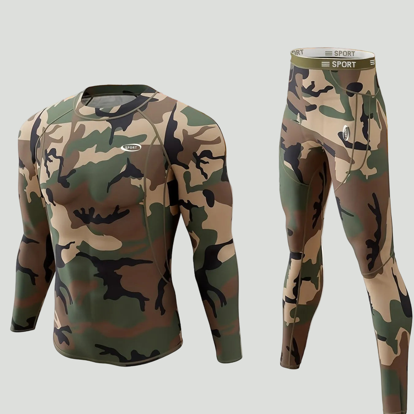 Męski zestaw termiczny z długim rękawem i spodniami – wzór kamuflażowy na chłodne warunki