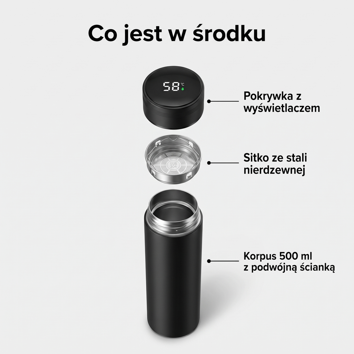 Pokrywka z wyświetlaczem, sitko i korpus kubka termicznego 500 ml