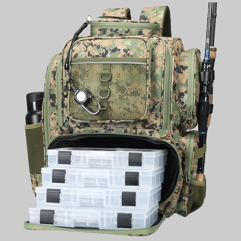 Plecak wędkarski o dużej pojemności – wielokomorowy z uchwytem na wędkę