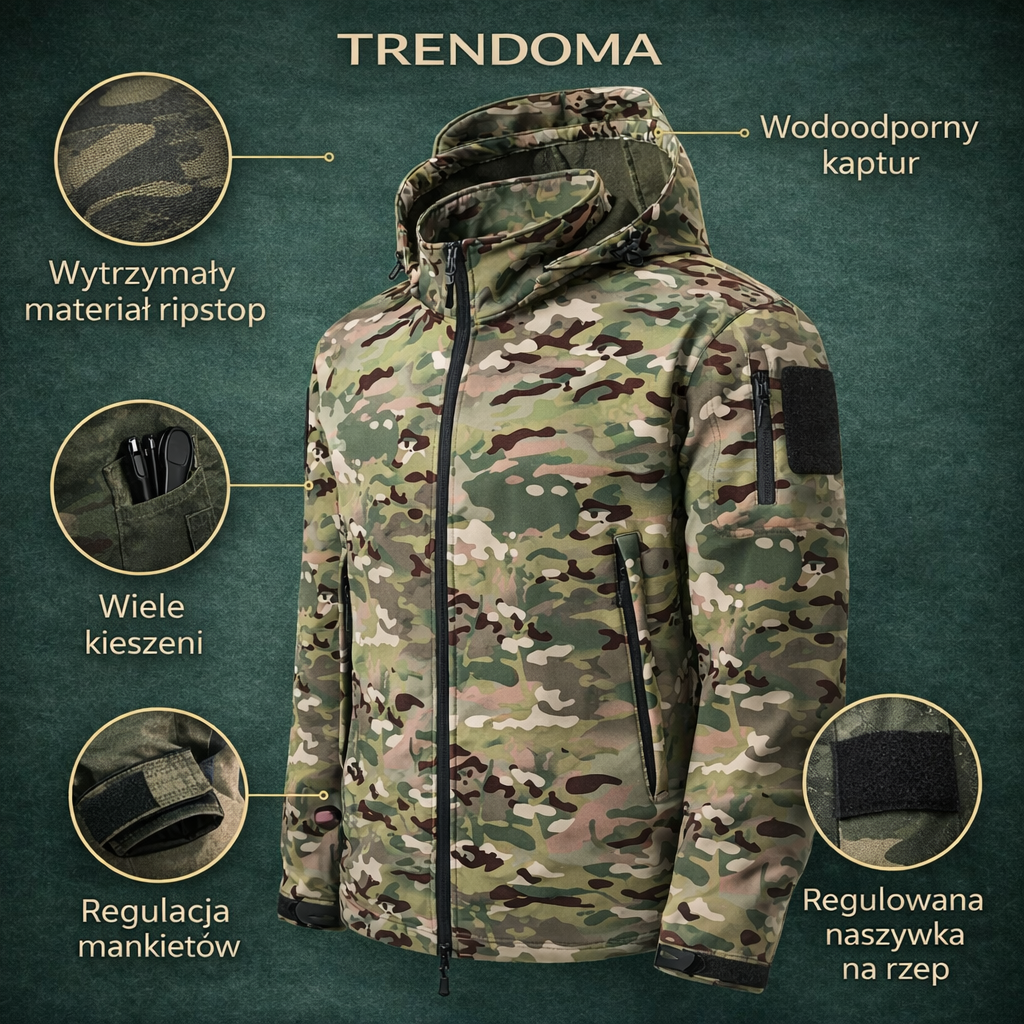 Męska kurtka softshell outdoorowa w kamuflażu – model z kapturem