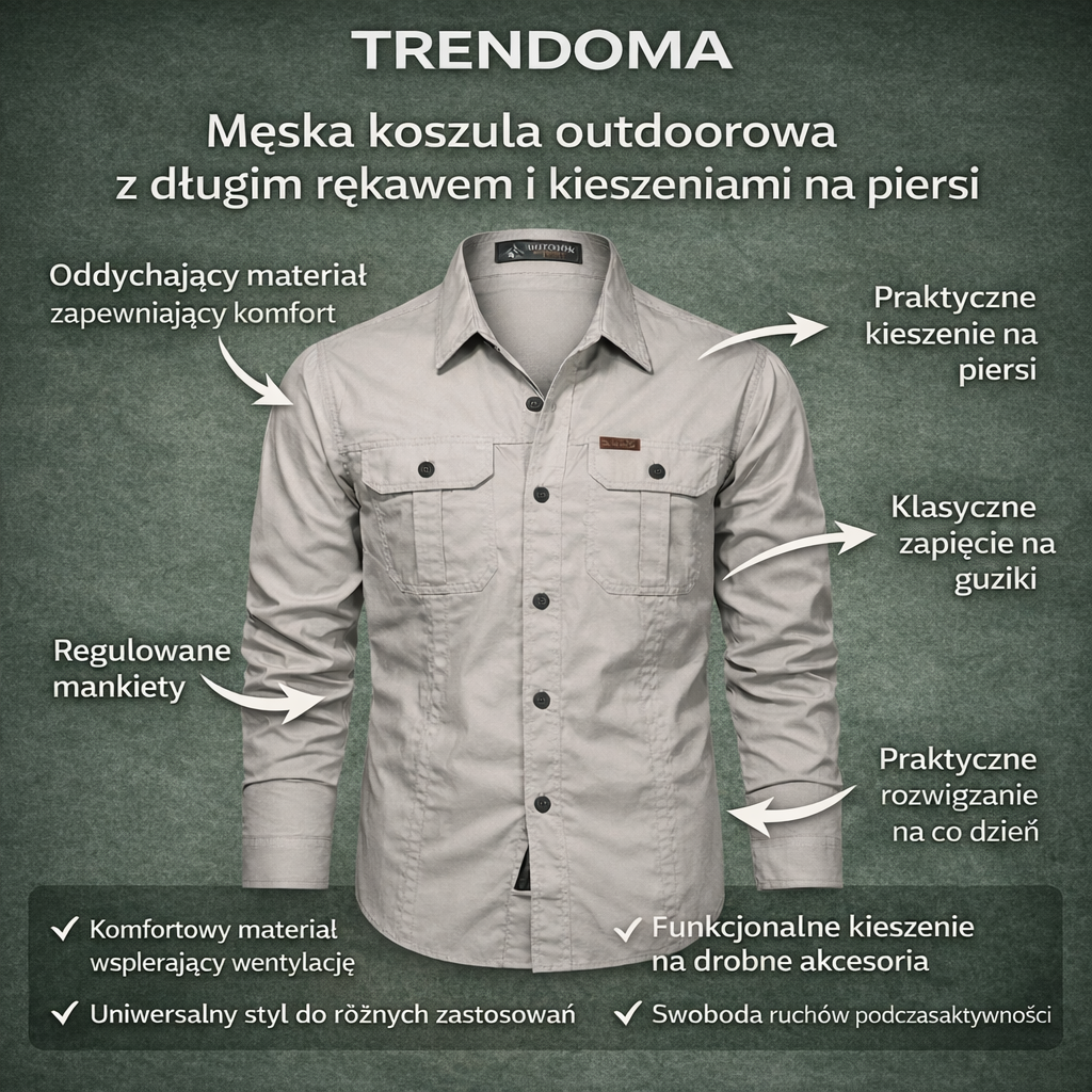 Lekka koszula outdoorowa z długim rękawem – wytrzymała mieszanka bawełny do aktywnego użytkowania