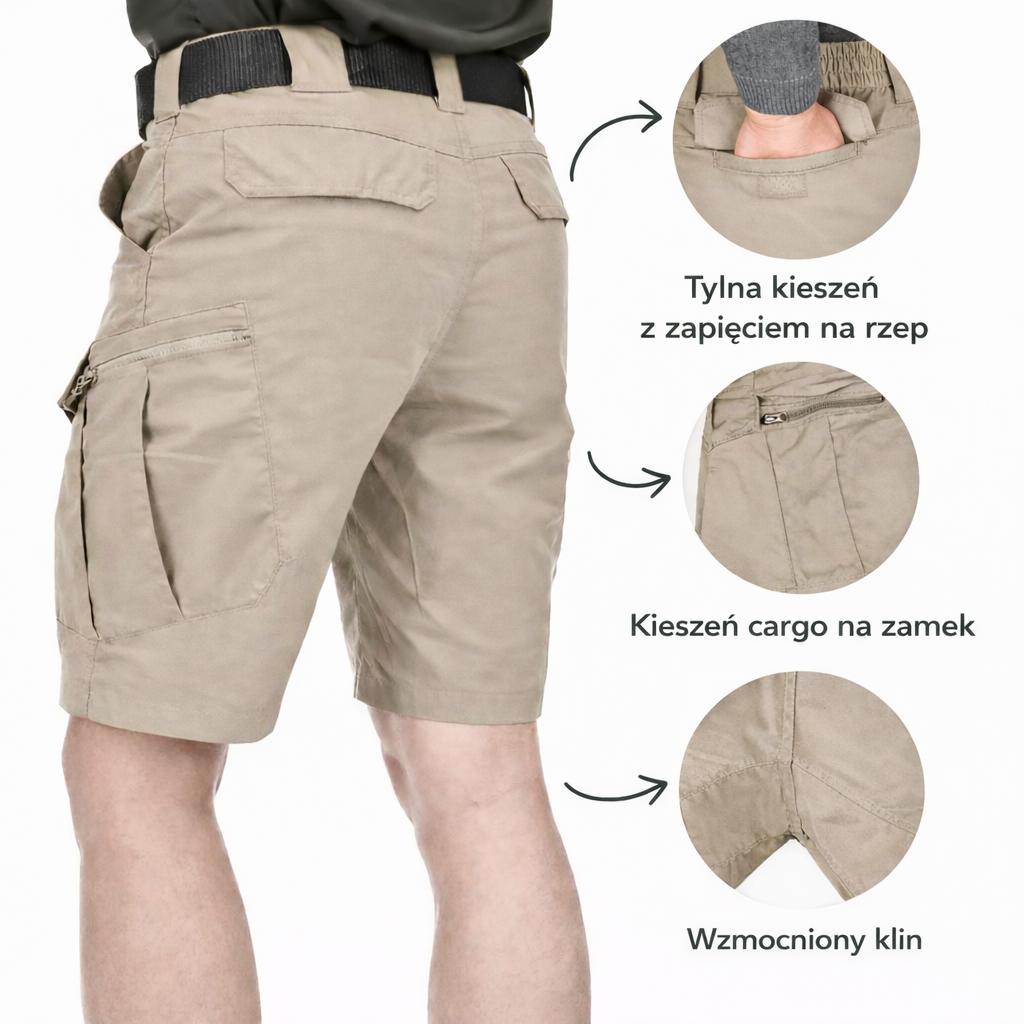 Męskie outdoorowe szorty cargo – elastyczny pas i 6 kieszeni