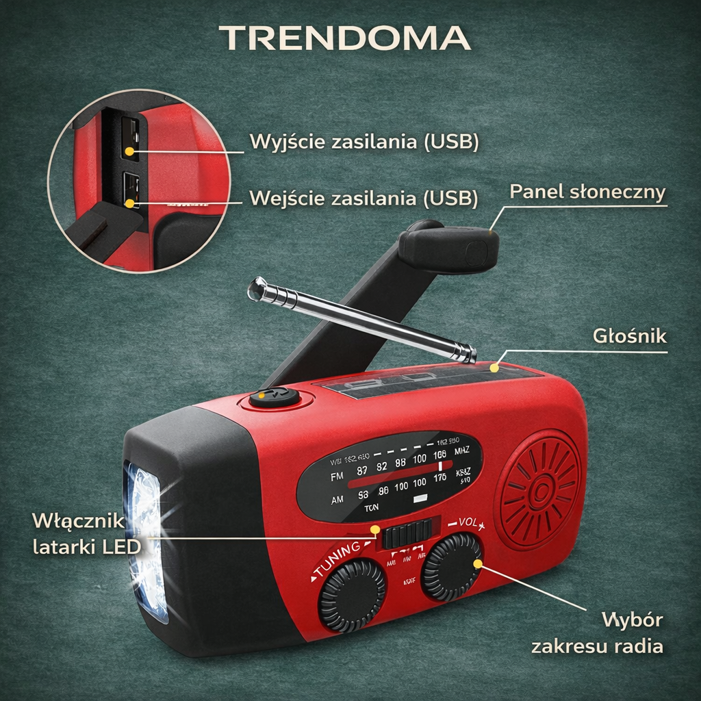 Awaryjne radio ręczne z korbką – ładowanie solarne i USB