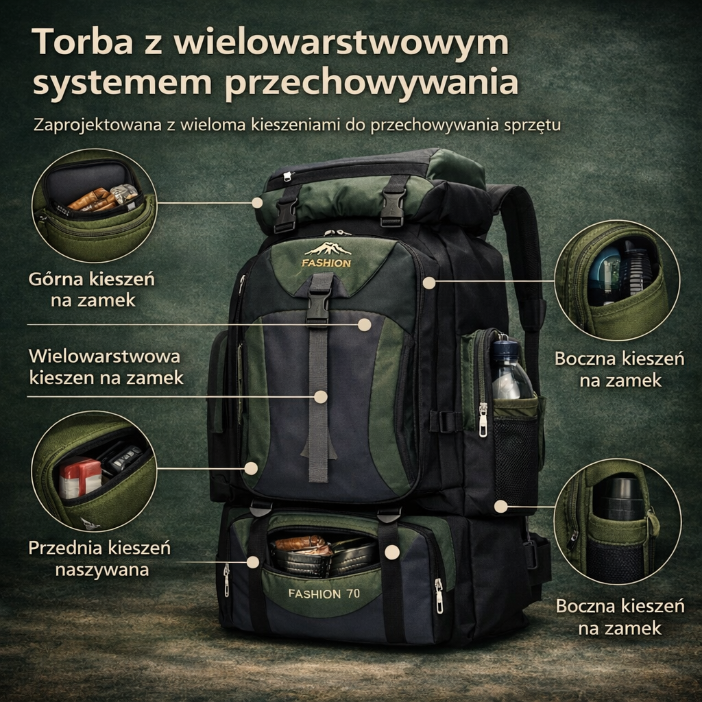 Duży plecak turystyczny 70L – model outdoorowy z regulowanymi paskami