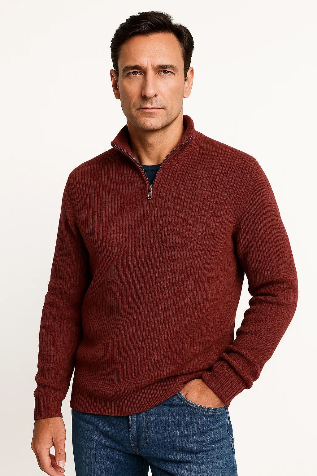 Sweter męski z prążkowanym splotem i kołnierzem zapinanym na guziki | Casualowy fason – model 2