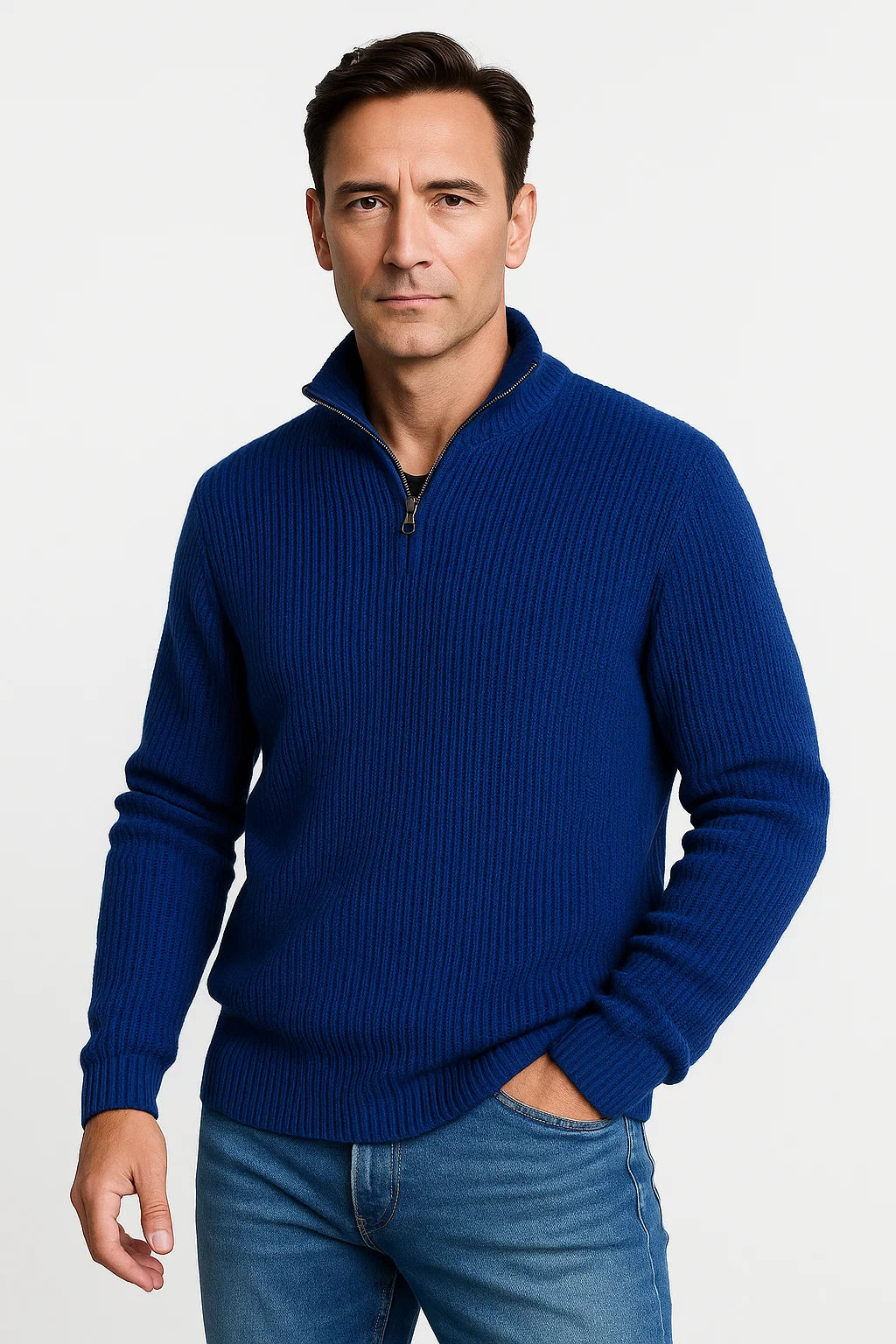 Sweter męski z prążkowanym splotem i kołnierzem zapinanym na guziki | Casualowy fason – model 2