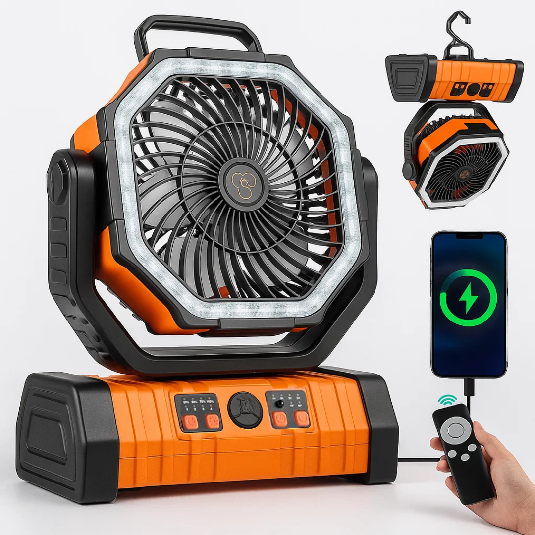 Wentylator kempingowy z lampą i powerbankiem – 3w1, ładowany USB