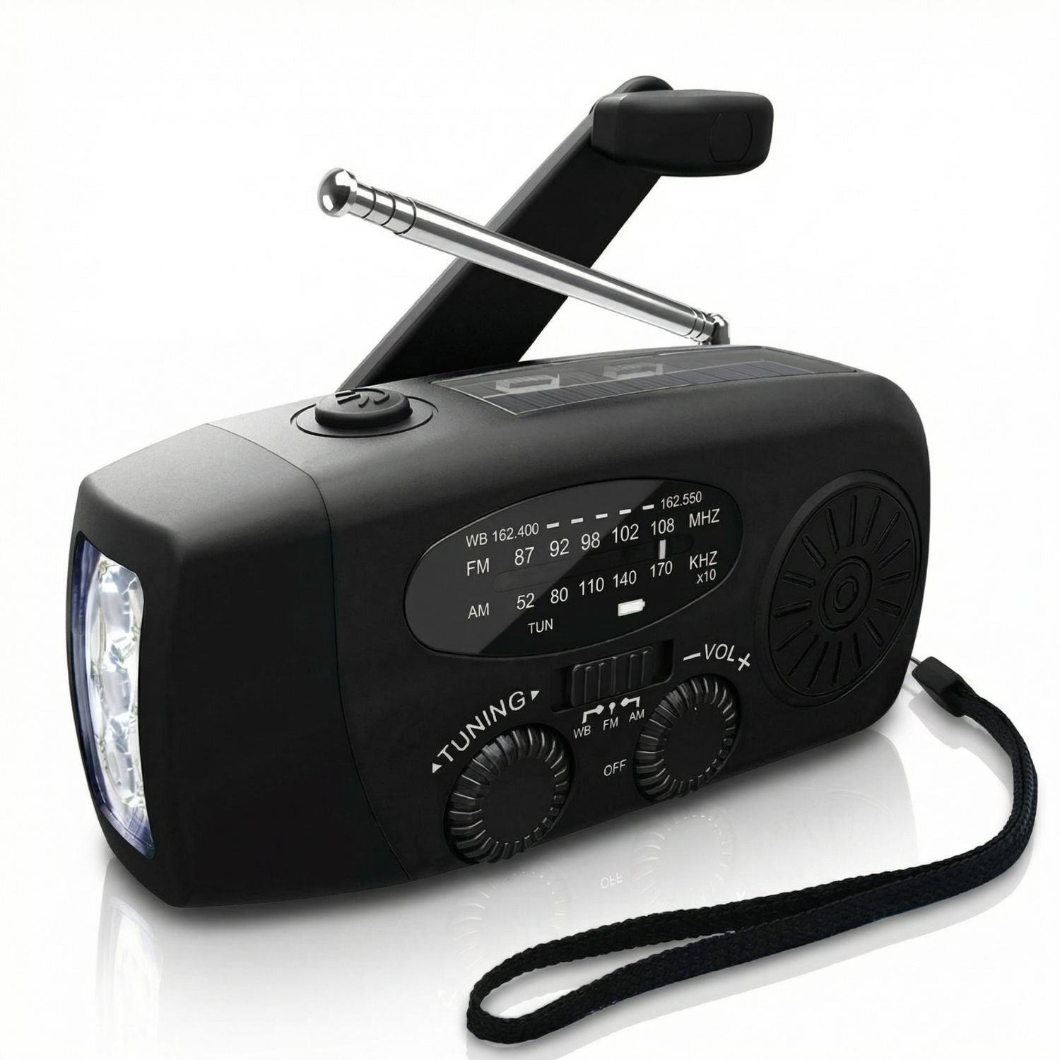 Radio awaryjne z korbką – solarne, AM/FM, latarka LED – survival i kemping