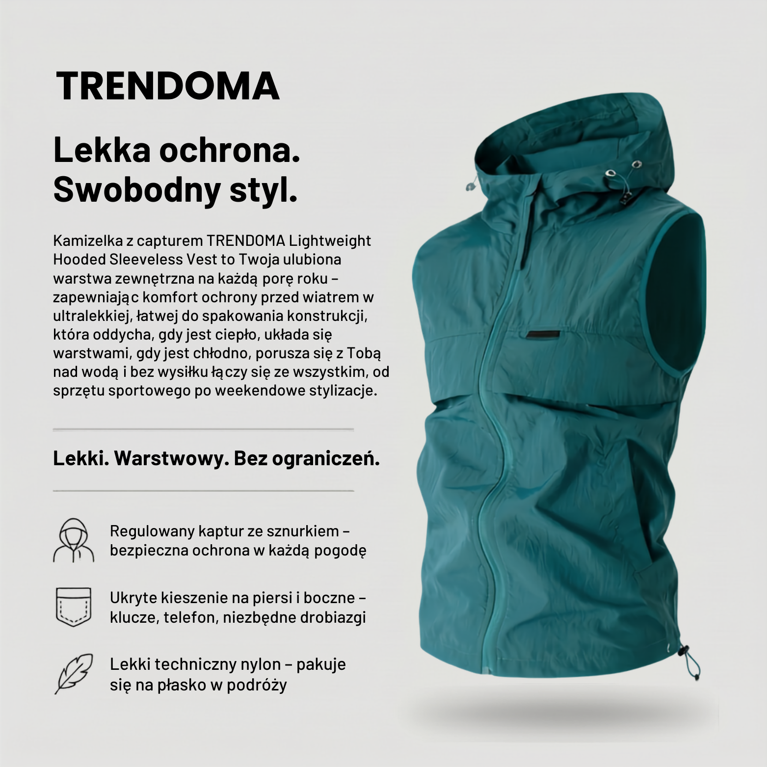 Kamizelka wędkarska męska z kapturem – lekka - letnia – outdoor i trekking