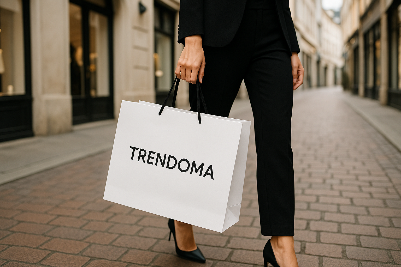 A stylish close-up photo of a woman walking on a European shopping street, holding a white luxury paper shopping bag with black handles. The bag has the text "TRENDOMA" in bold, modern black letters centered on it, similar to a fashion logo. The woman is dressed in elegant black pants and heels, walking on a brick-paved street with boutique shops in the background and soft natural daylight. The overall aesthetic should look clean, minimalistic, and high-end, like a lifestyle fashion brand photo.