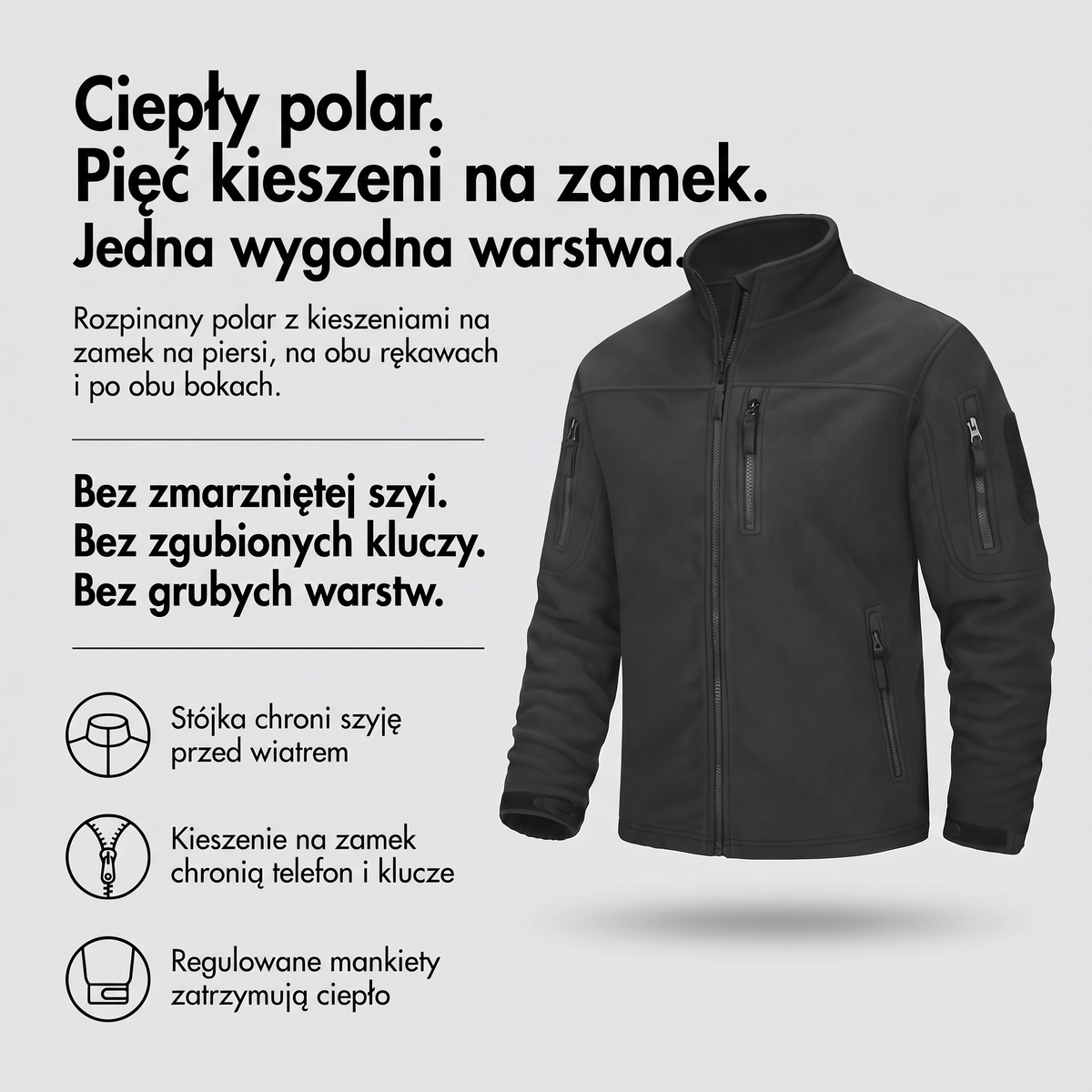 Polar męski taktyczny rozpinany - infografika: ciepły polar z pięcioma kieszeniami na zamek