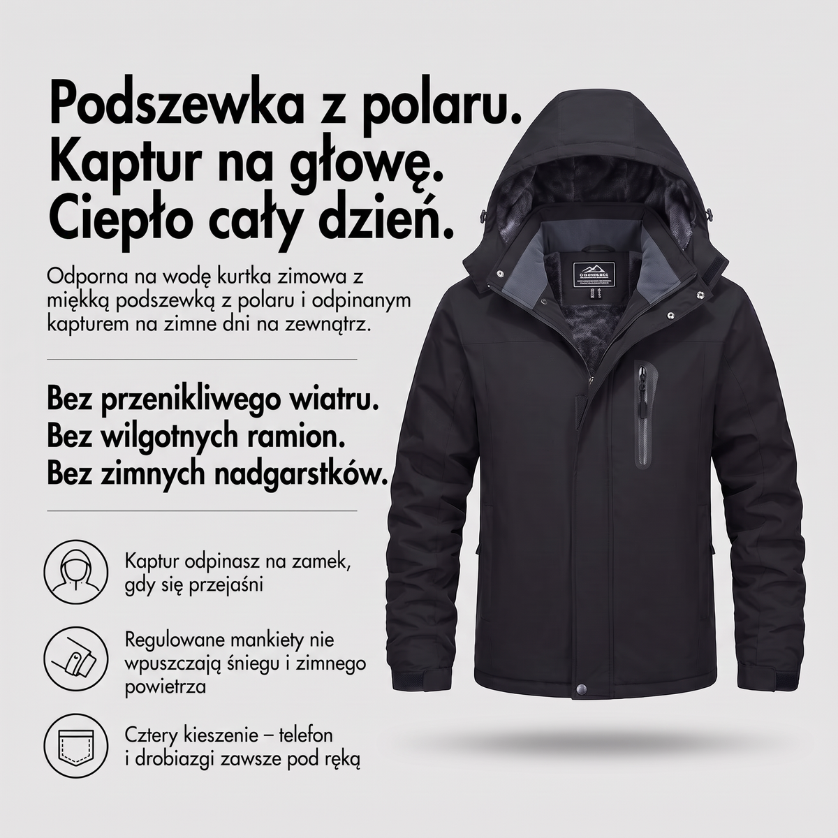 Kurtka zimowa męska ocieplana polarem - infografika: podszewka z polaru, odpinany kaptur, cztery kieszenie
