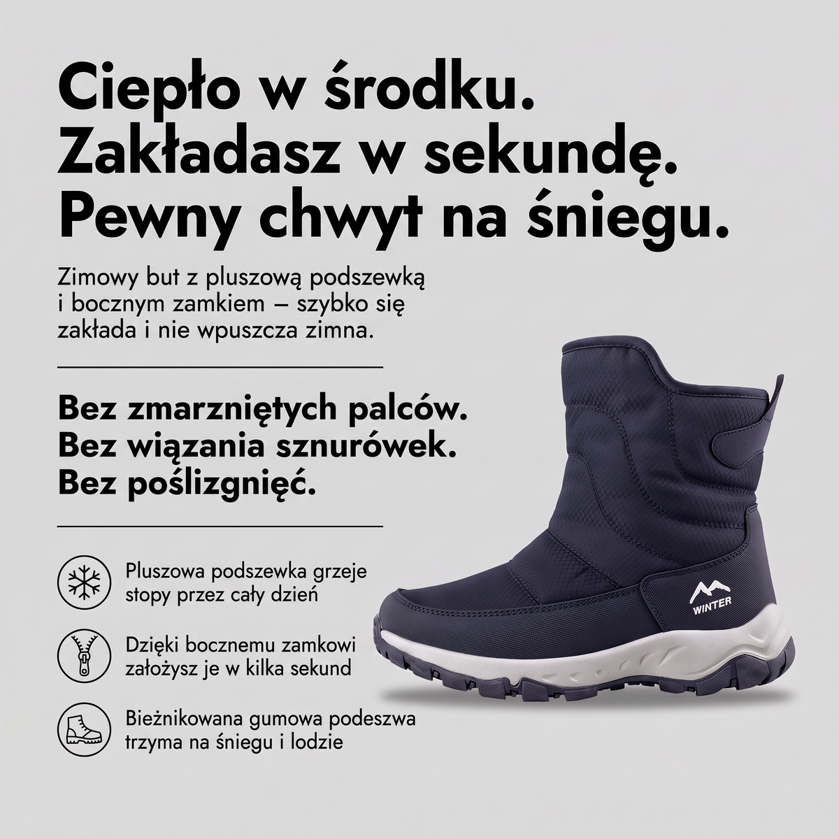 Buty zimowe męskie pikowane na zamek - infografika: ciepło, boczny zamek, chwyt na śniegu