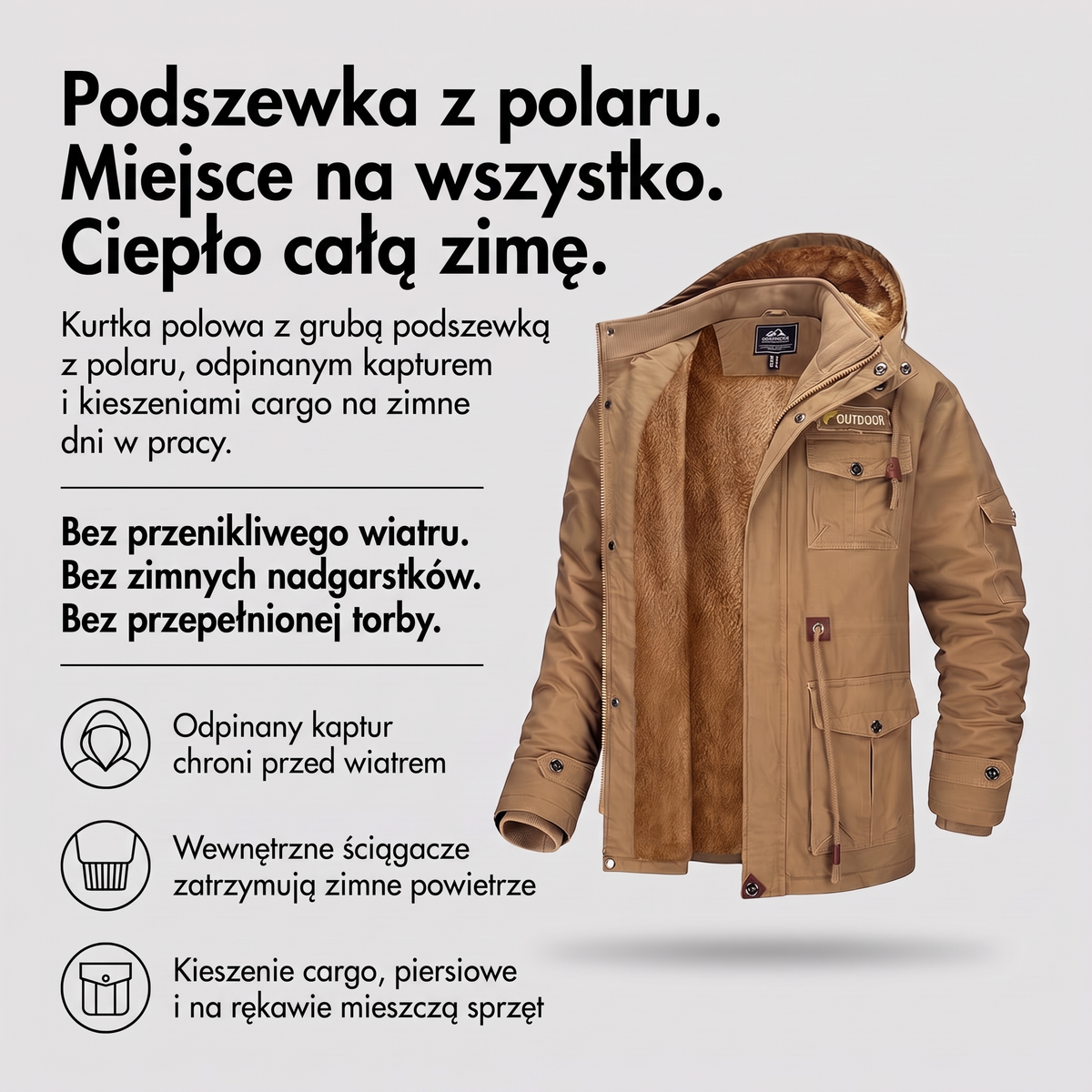Kurtka zimowa męska parka wojskowa - infografika: podszewka z polaru, odpinany kaptur, kieszenie cargo