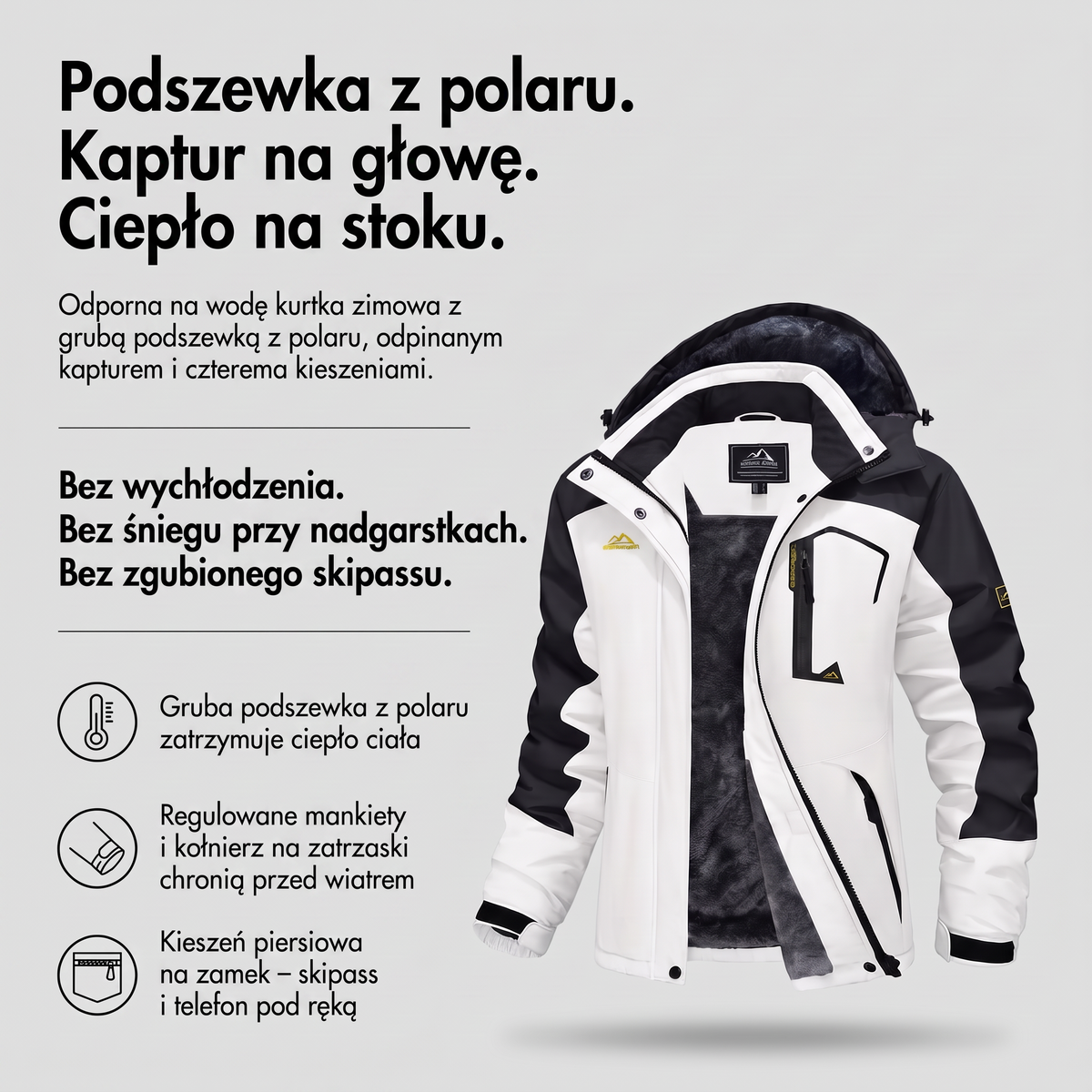 Kurtka zimowa damska na polarze - infografika: gruba podszewka z polaru, kaptur, kieszeń na skipass