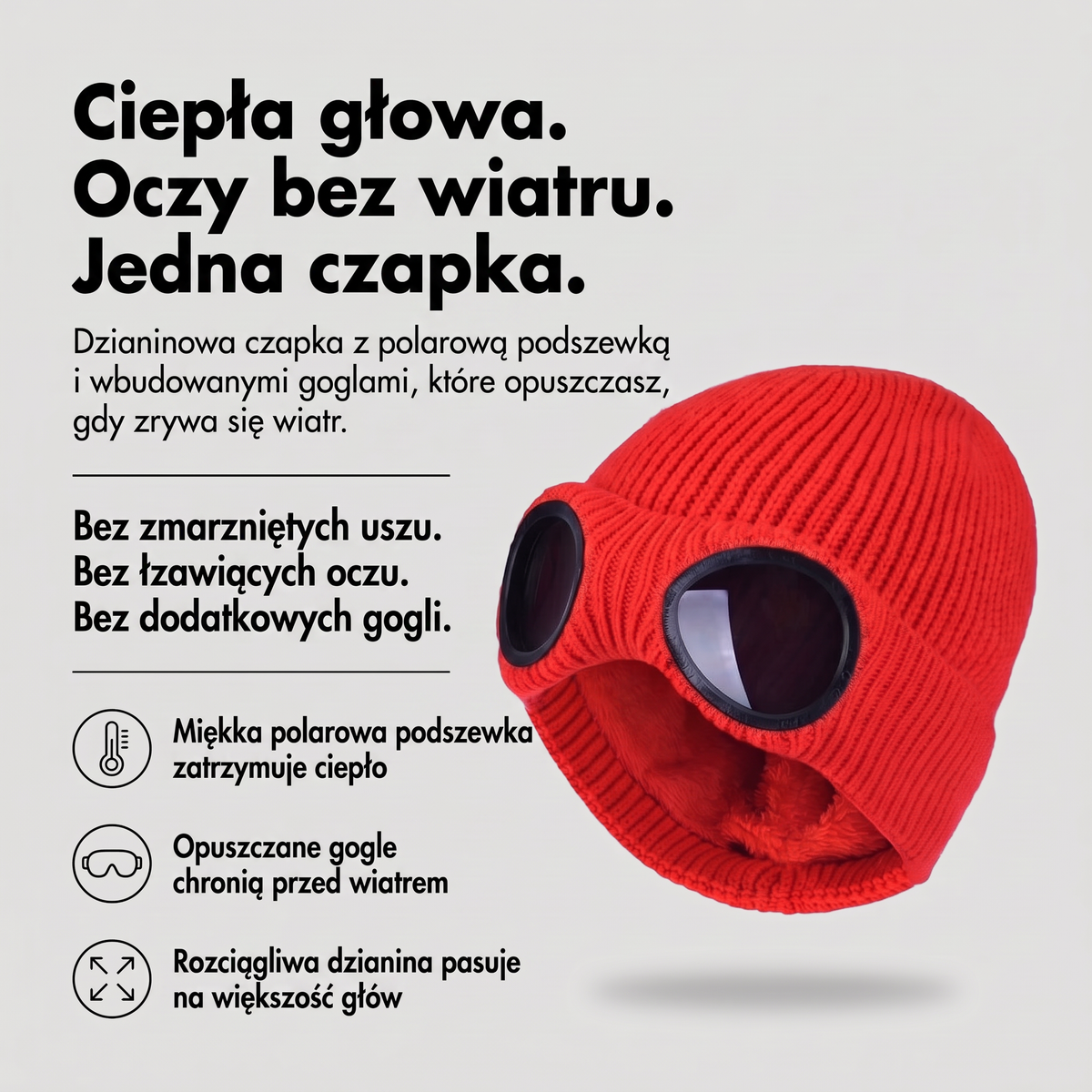 Czapka zimowa z goglami - infografika z zaletami