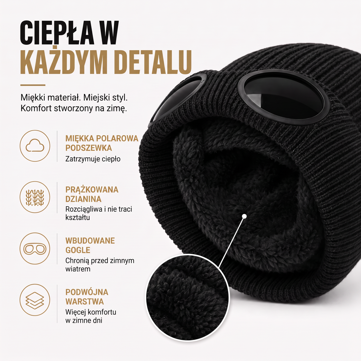 Czapka zimowa z goglami - infografika: podszewka, dzianina, gogle