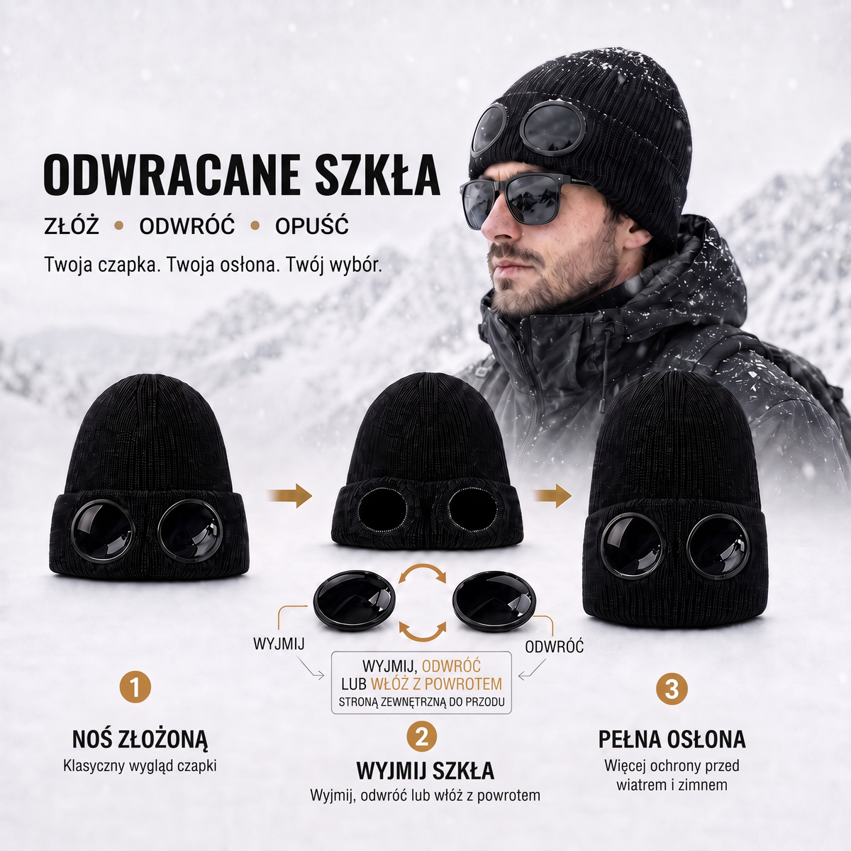 Czapka zimowa z goglami - odwracane szkła w trzech krokach