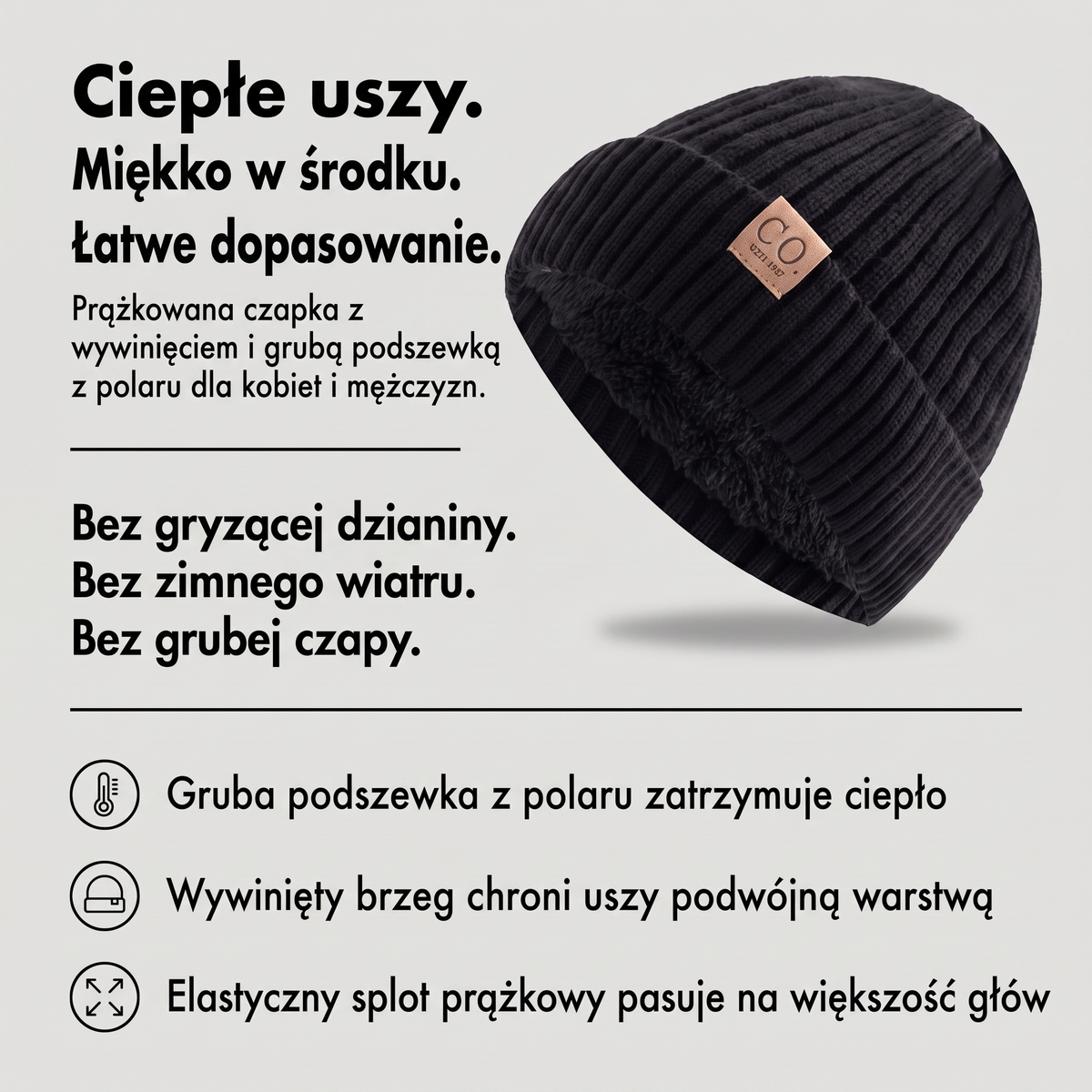 Czapka zimowa z polarem unisex - infografika: gruba podszewka z polaru i wywinięty brzeg