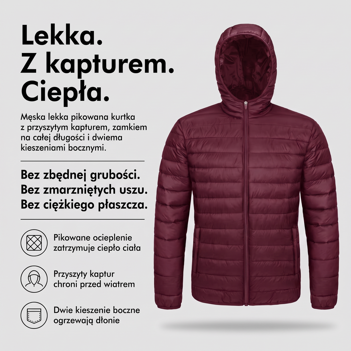 Kurtka zimowa męska pikowana z kapturem - infografika: lekka, z kapturem, ciepła
