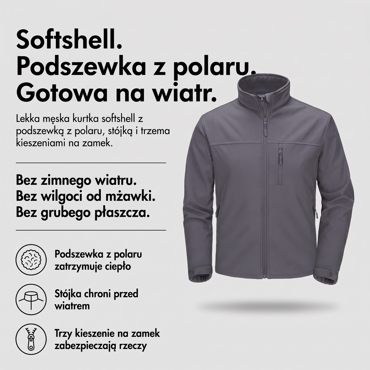 Softshell męski z podszewką z polaru - infografika: podszewka z polaru, stójka, trzy kieszenie na zamek