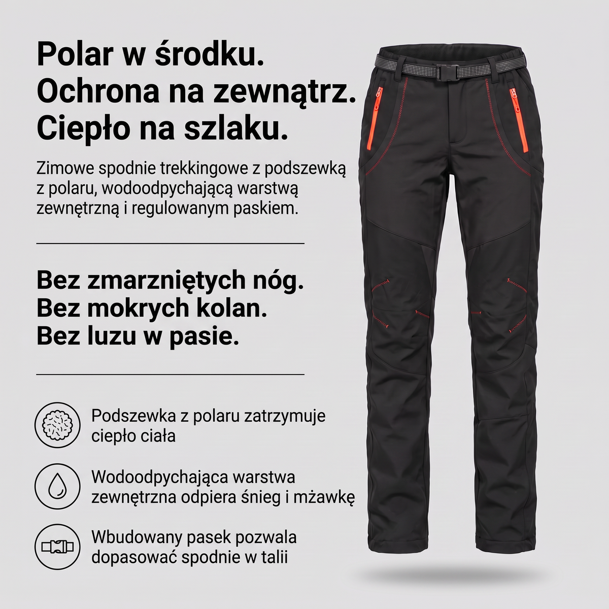 Spodnie ocieplane damskie softshell - infografika: polar w środku, ochrona na zewnątrz