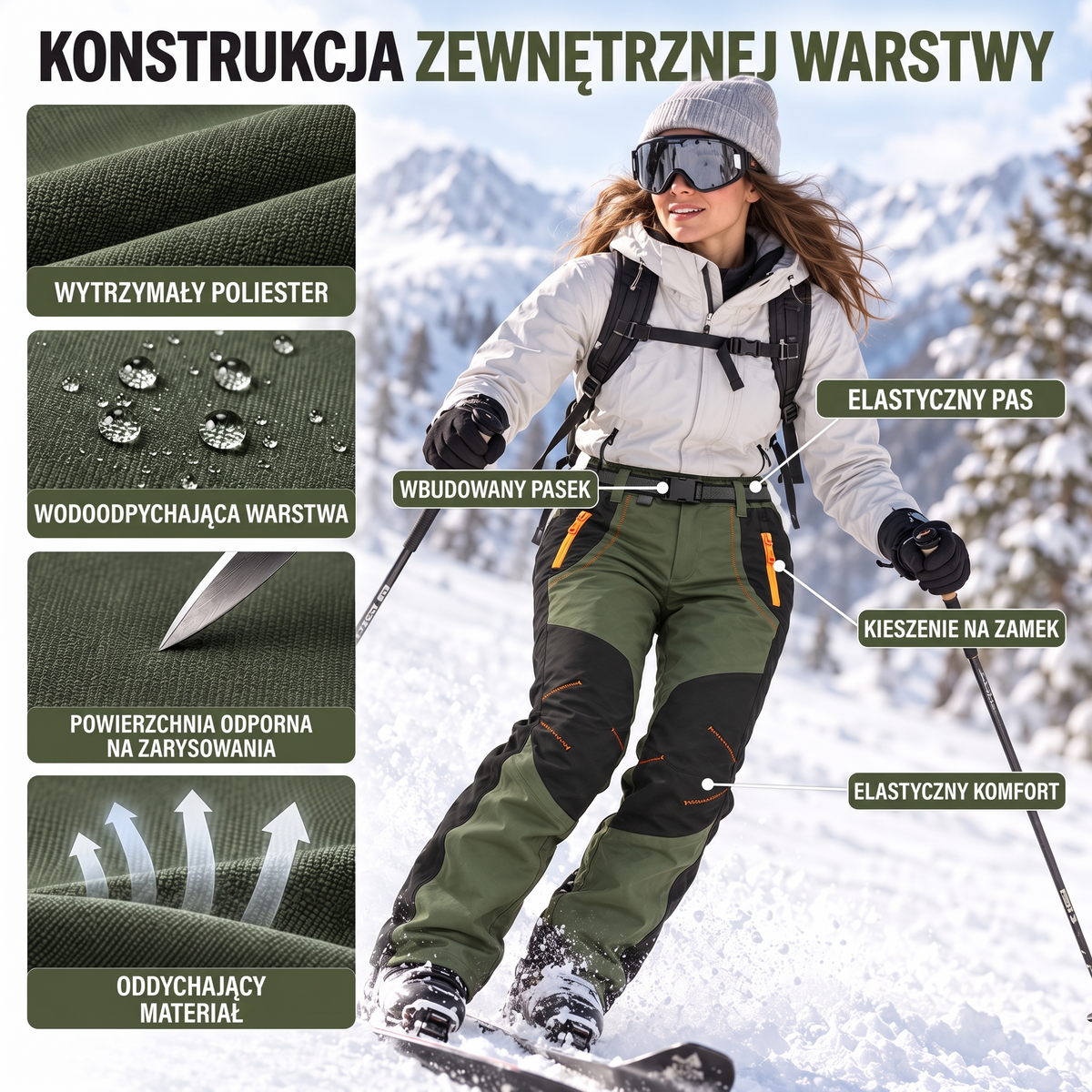 Spodnie ocieplane damskie softshell - infografika: konstrukcja zewnętrznej warstwy