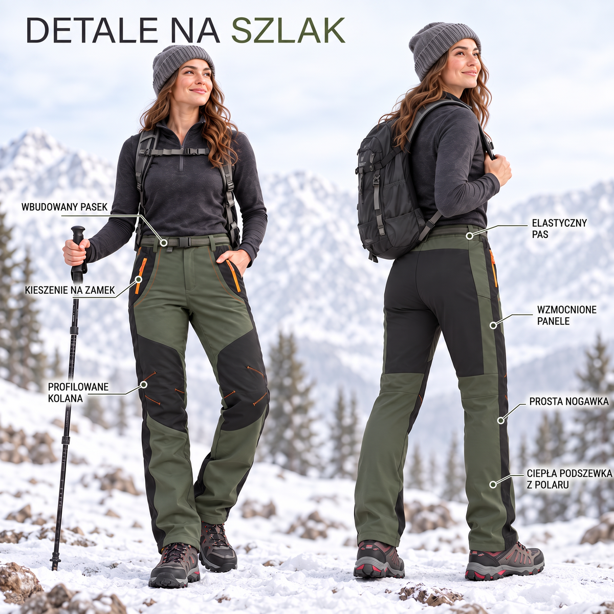 Spodnie ocieplane damskie softshell - infografika: detale na szlak